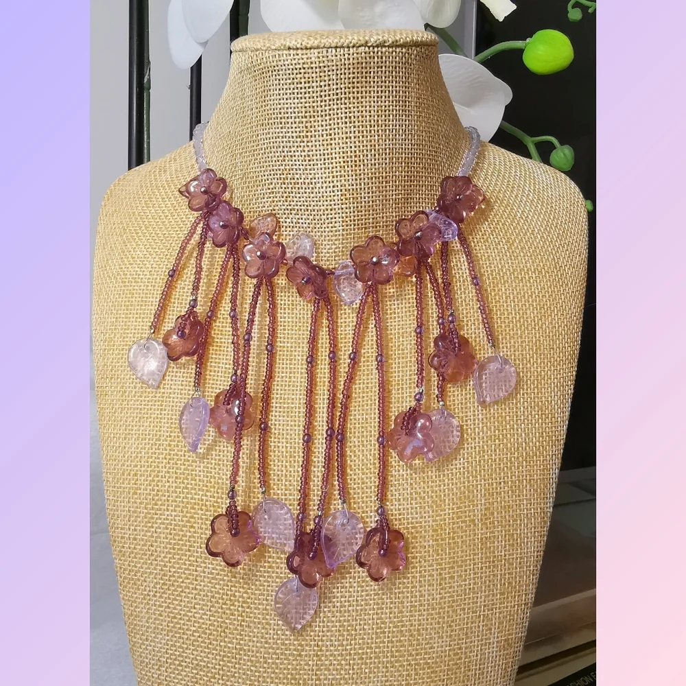 NWT purple lavender flower fringe choker necklace Czech bead - Picture 2 of 9